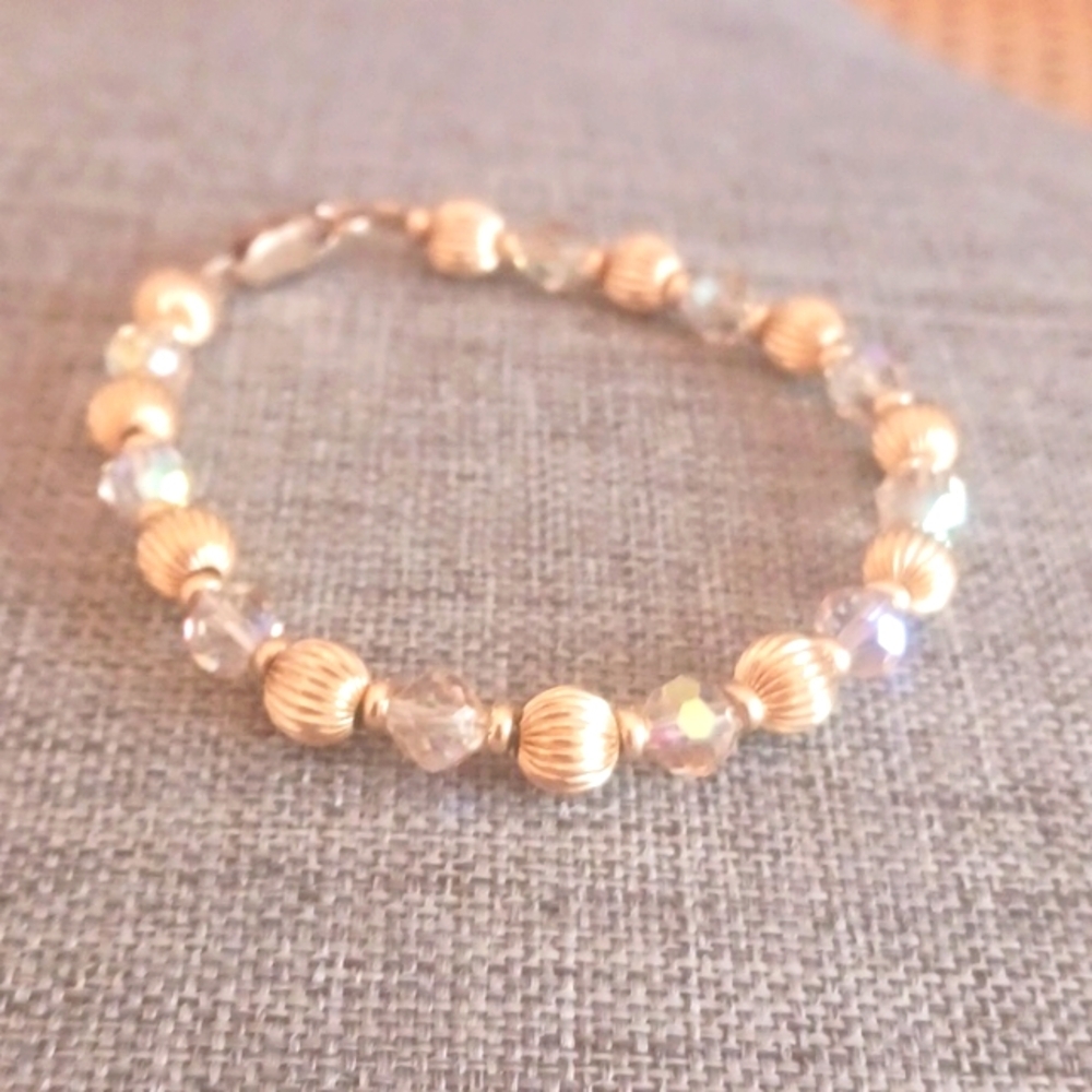 Pristine Goldtone Beaded Bracelet w/ Round Faceted AB Crystals - Pre-loved (7")